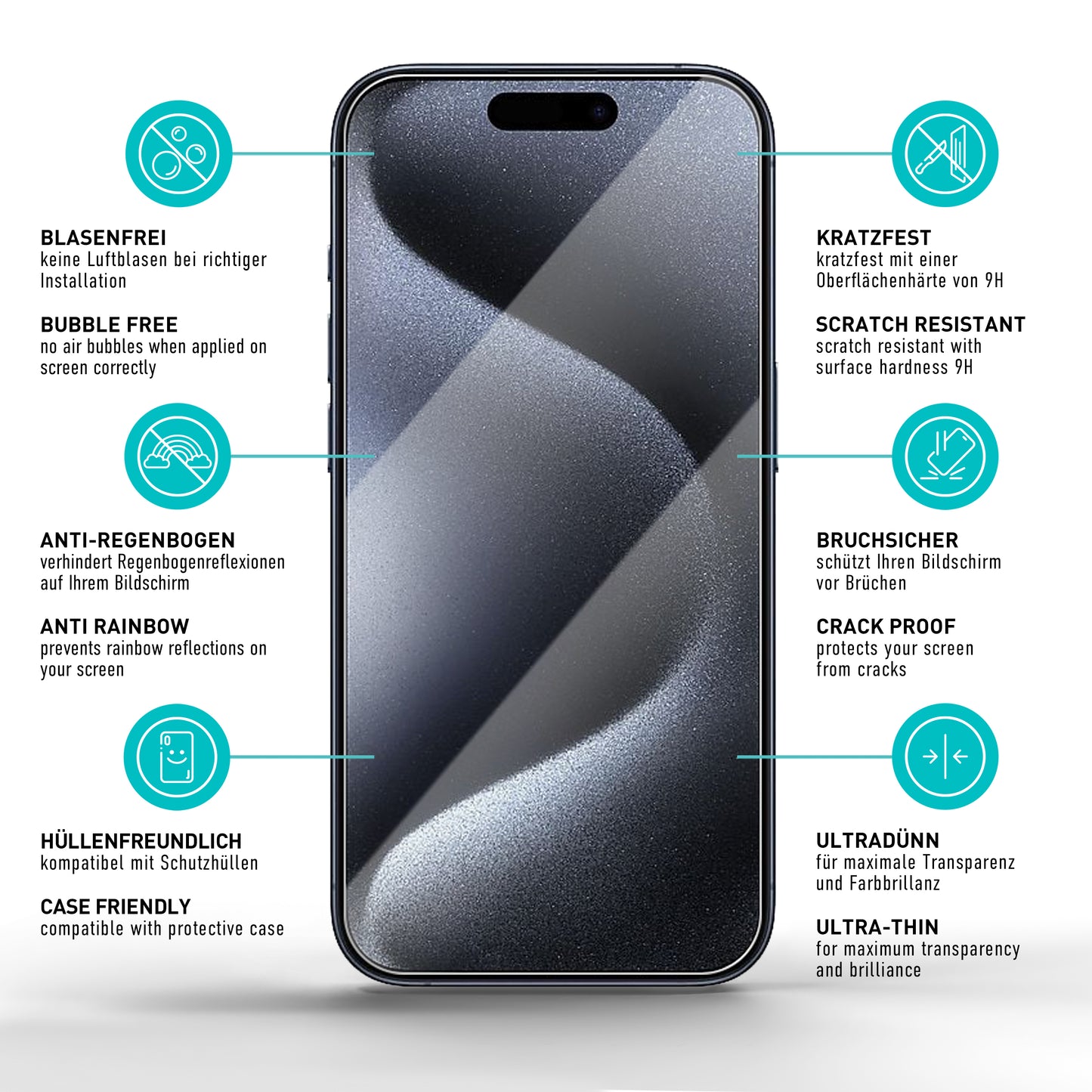 smartect protective glass clear for iPhone 15 Pro, 3 x front + 3 x cam + positioning aid