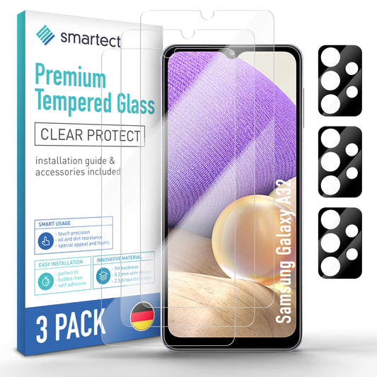 smartect Schutzglas Klar für Samsung Galaxy A32 5G, 3 x Front + 3 x Cam