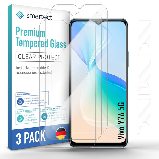 smartect Schutzglas Klar für Vivo Y76 5G, 3 x Front + 3 x Cam