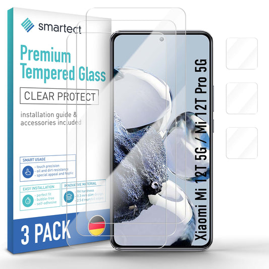 smartect Schutzglas Klar für Xiaomi Mi 12T 5G / Mi 12T Pro 5G, 3 x Front + 3 x Cam