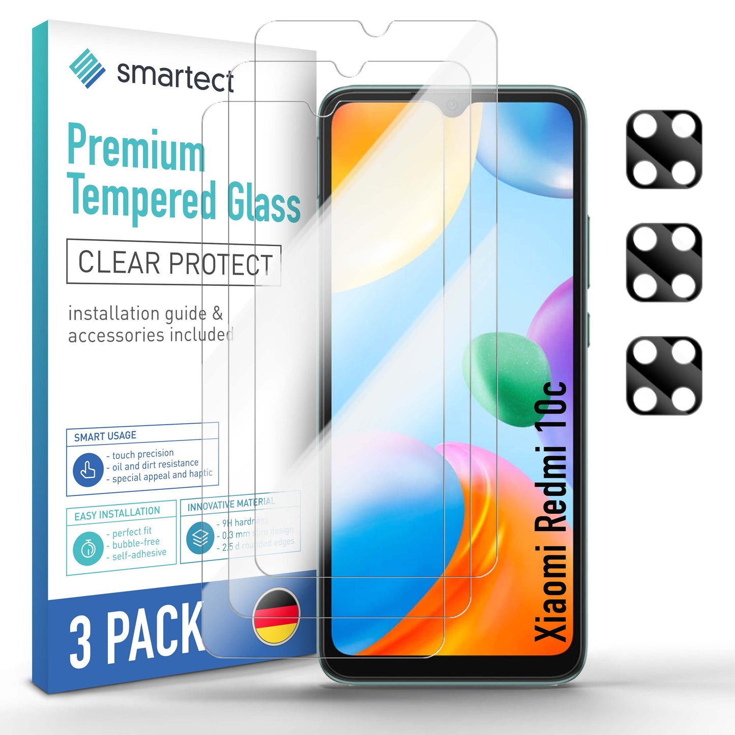 smartect Schutzglas Klar für Xiaomi Redmi 10c, 3 x Front + 3 x Cam
