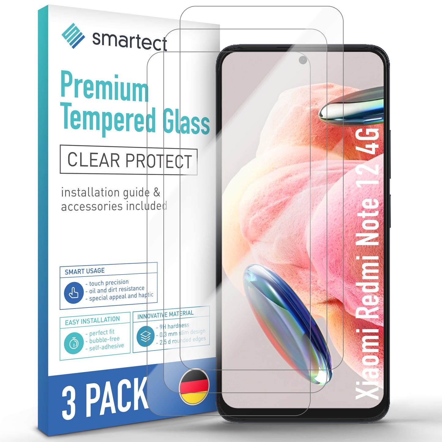 smartect Schutzglas Klar für Xiaomi Redmi Note 12 4G, 3 x Front + 3 x Cam