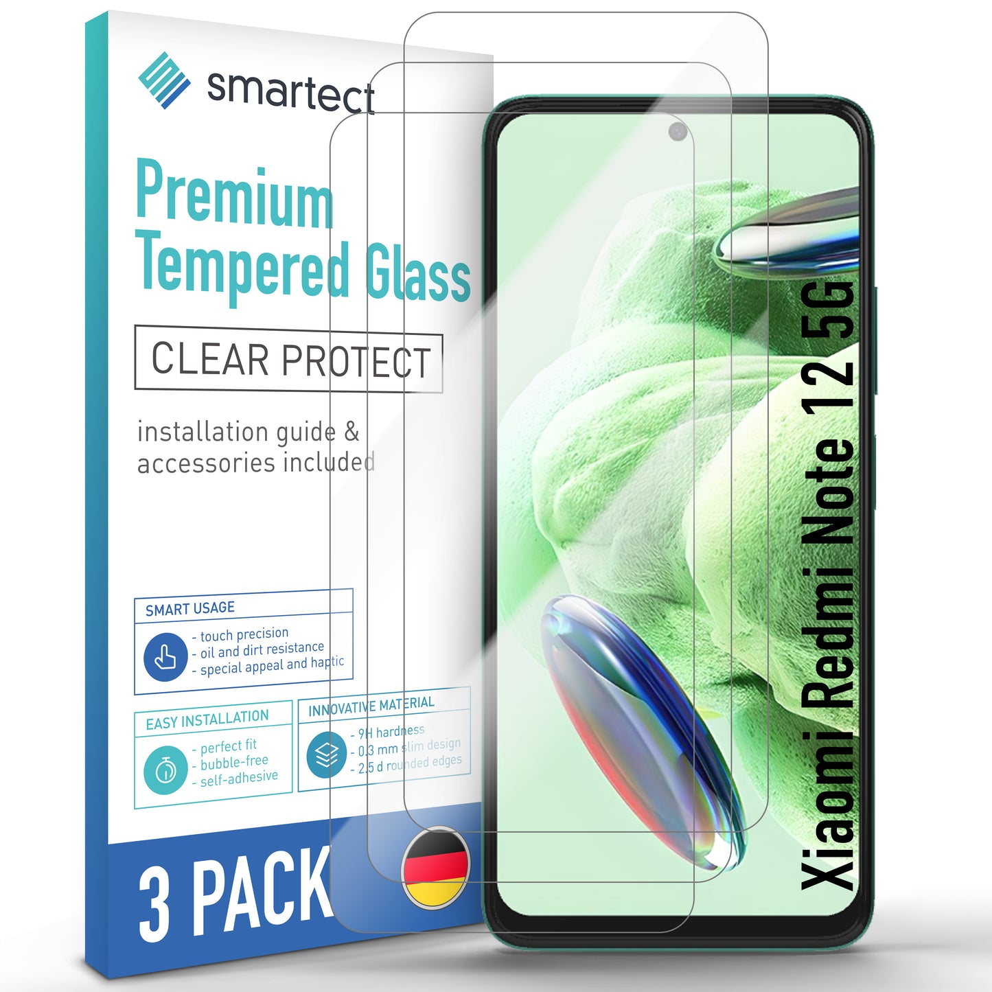 smartect Protective Glass Clear for Xiaomi Redmi Note 12 5G, 3 x Front + 3 x Cam