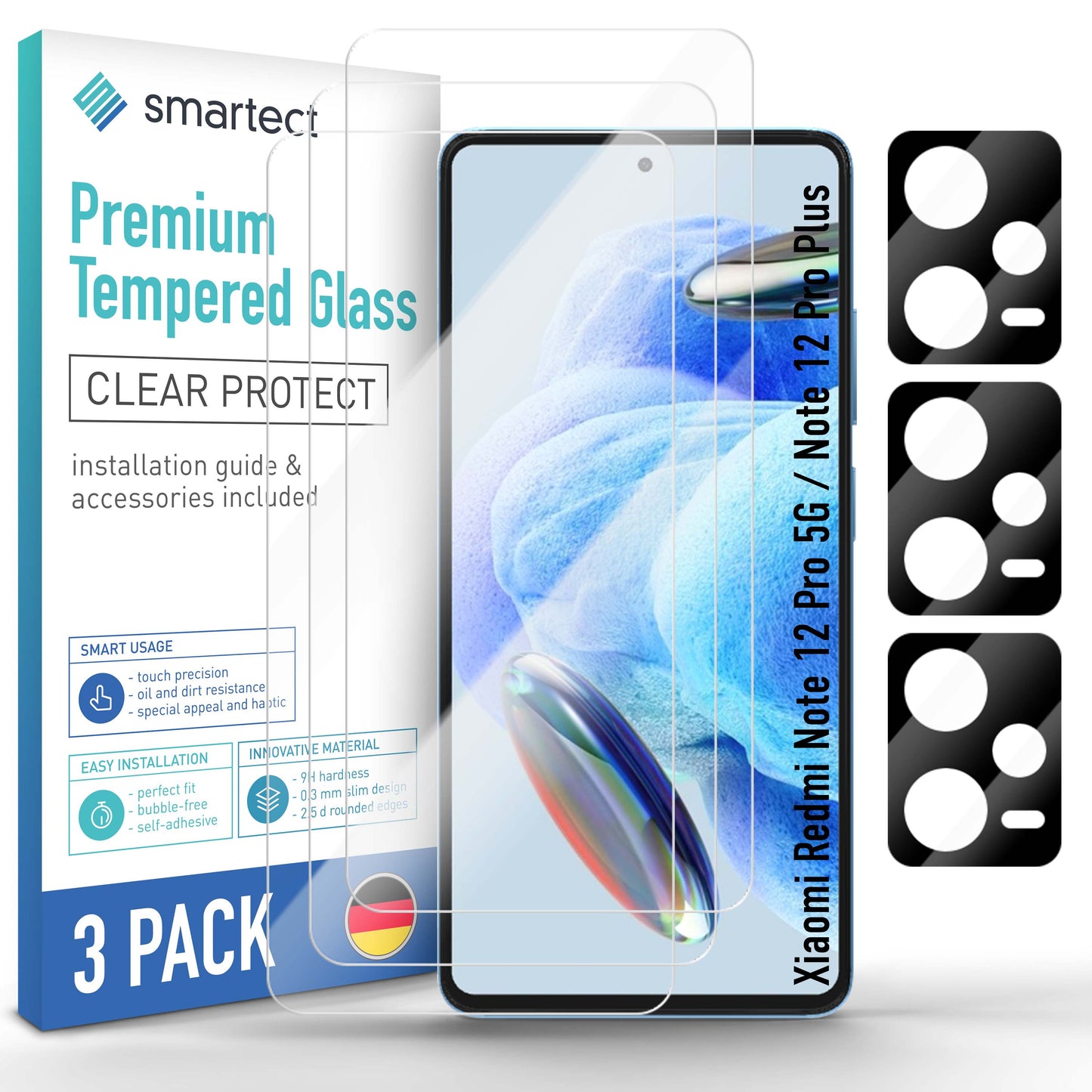smartect Schutzglas Klar für Xiaomi Redmi Note 12 Pro 5G / 12 Pro Plus, 3 x Front + 3 x Cam