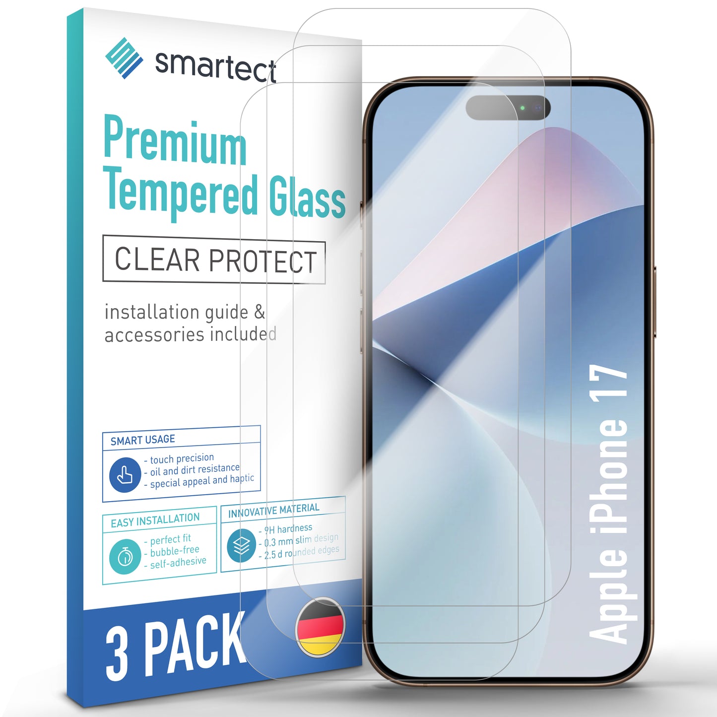 smartect Schutzglas Klar für Apple iPhone 17, 3 Stück