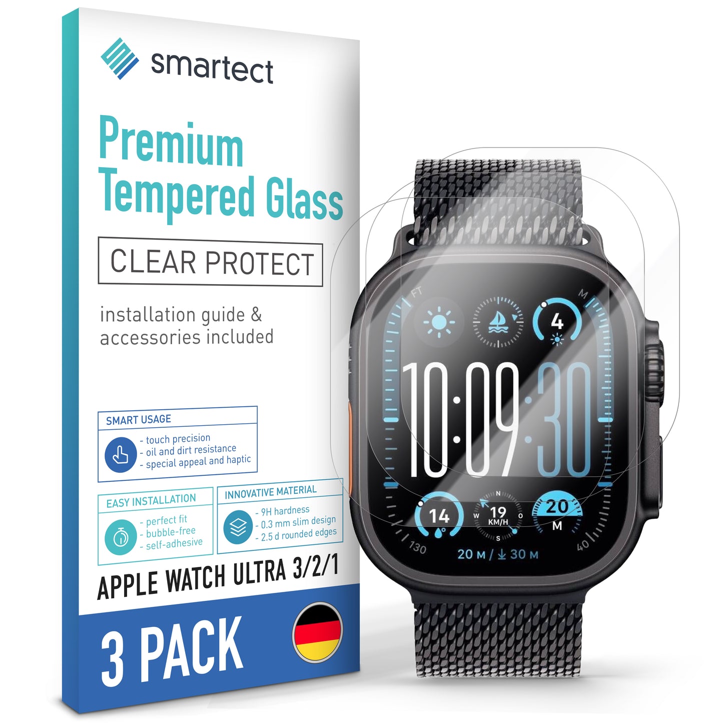 smartect Schutzglas Klar für Apple Watch Ultra 3 / 2 / 1, 3 Stück