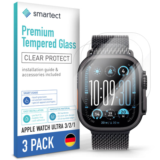 smartect Schutzglas Klar für Apple Watch Ultra 3 / 2 / 1, 3 Stück