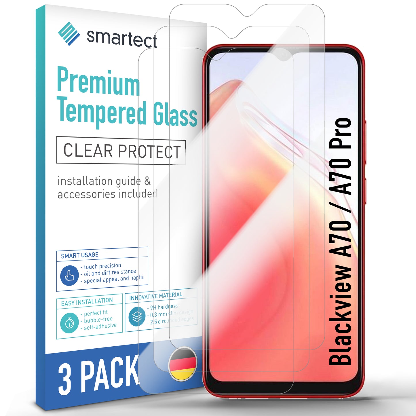 smartect Schutzglas Klar für Blackview A70 / A70 Pro, 3 Stück