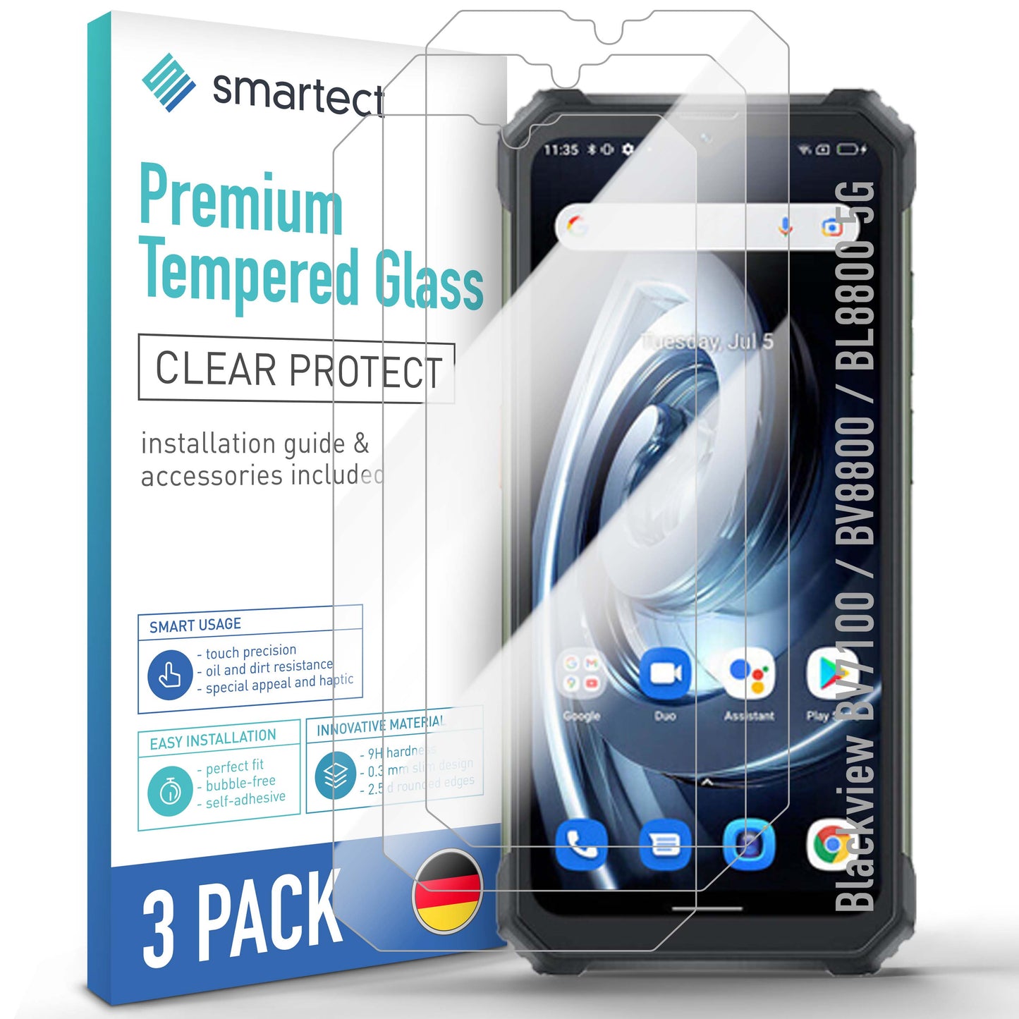 smartect Schutzglas Klar für Blackview BV7100 / BV8800 / BL8800 5G / BL8800 Pro, 3 Stück