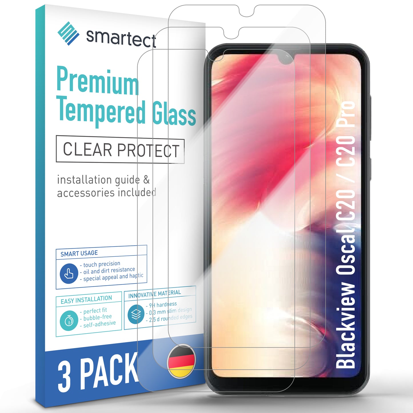 smartect Schutzglas Klar für Blackview Oscal C20 / C20 Pro, 3 Stück