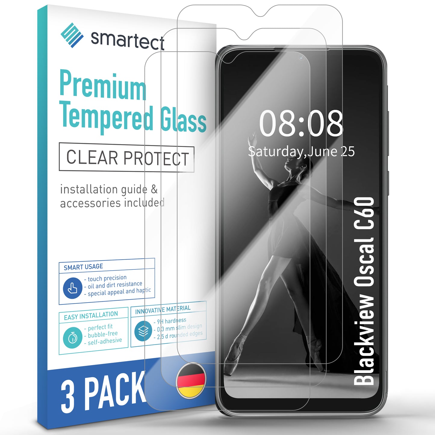 smartect Schutzglas Klar für Blackview Oscal C60, 3 Stück