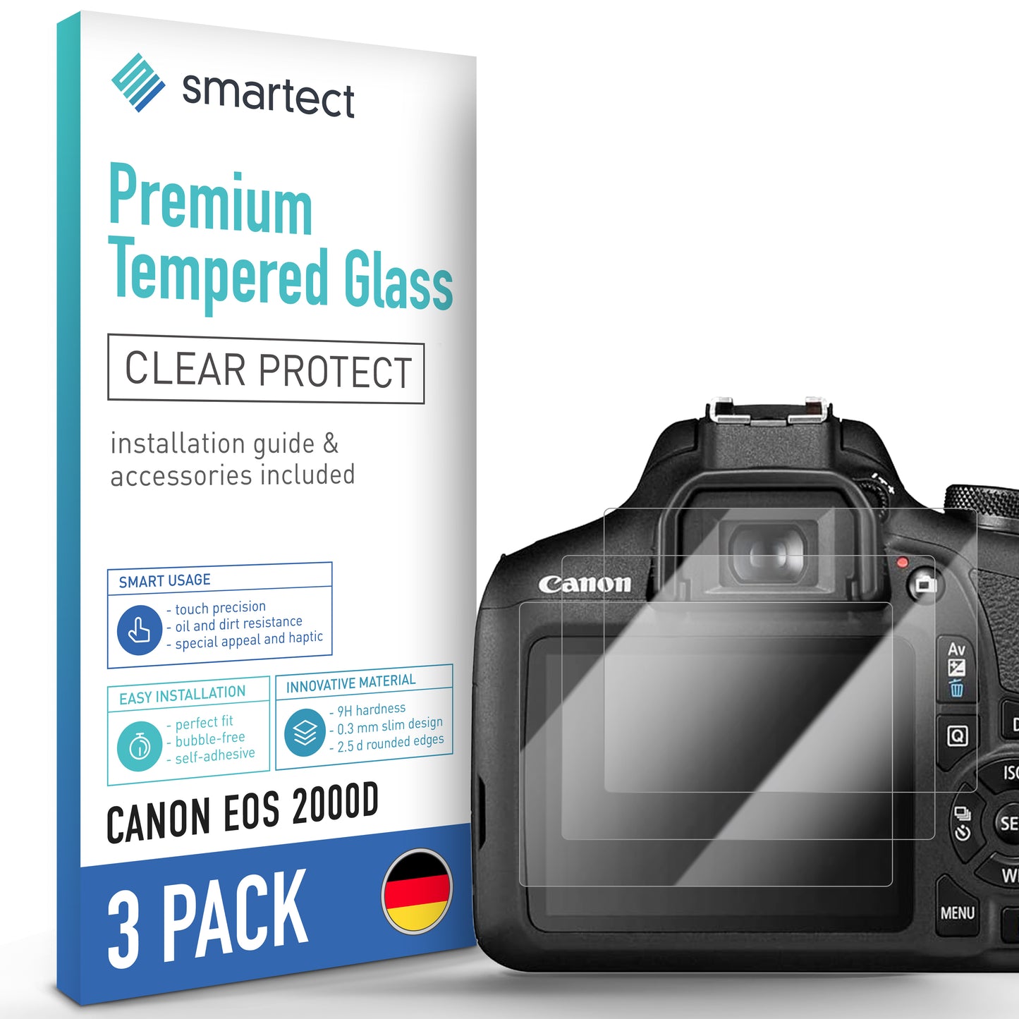 smartect protective glass clear for Canon EOS 2000D, 3 pieces