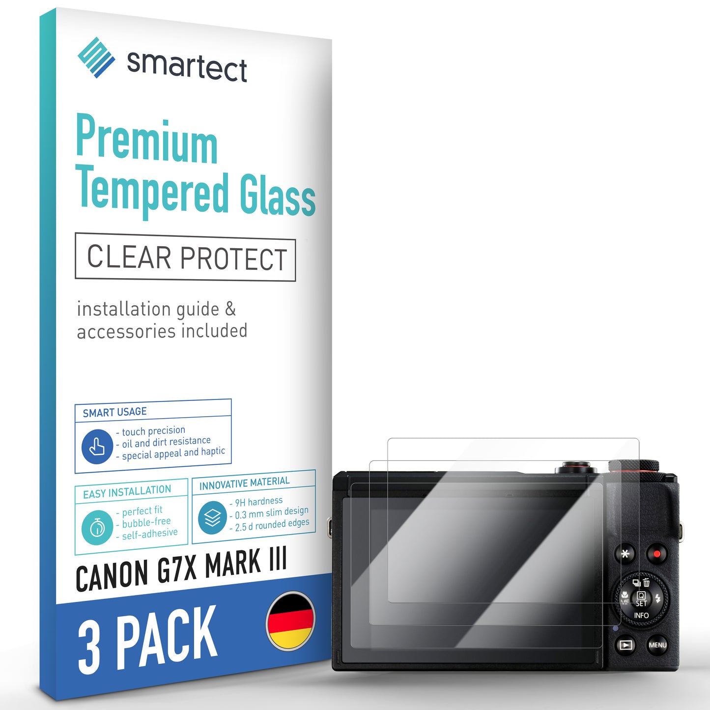 smartect Schutzglas Klar für Canon G7X Mark III, 3 Stück