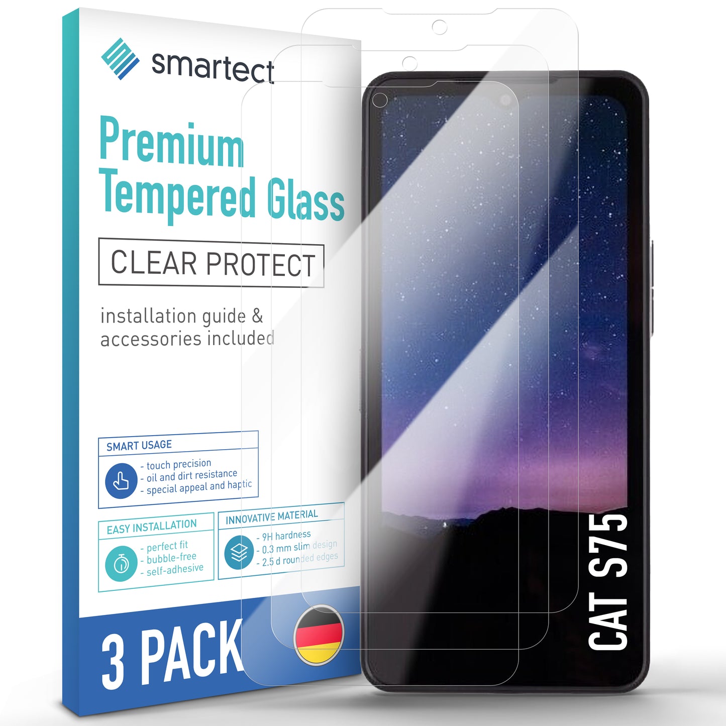 smartect Schutzglas Klar für CAT S75, 3 Stück