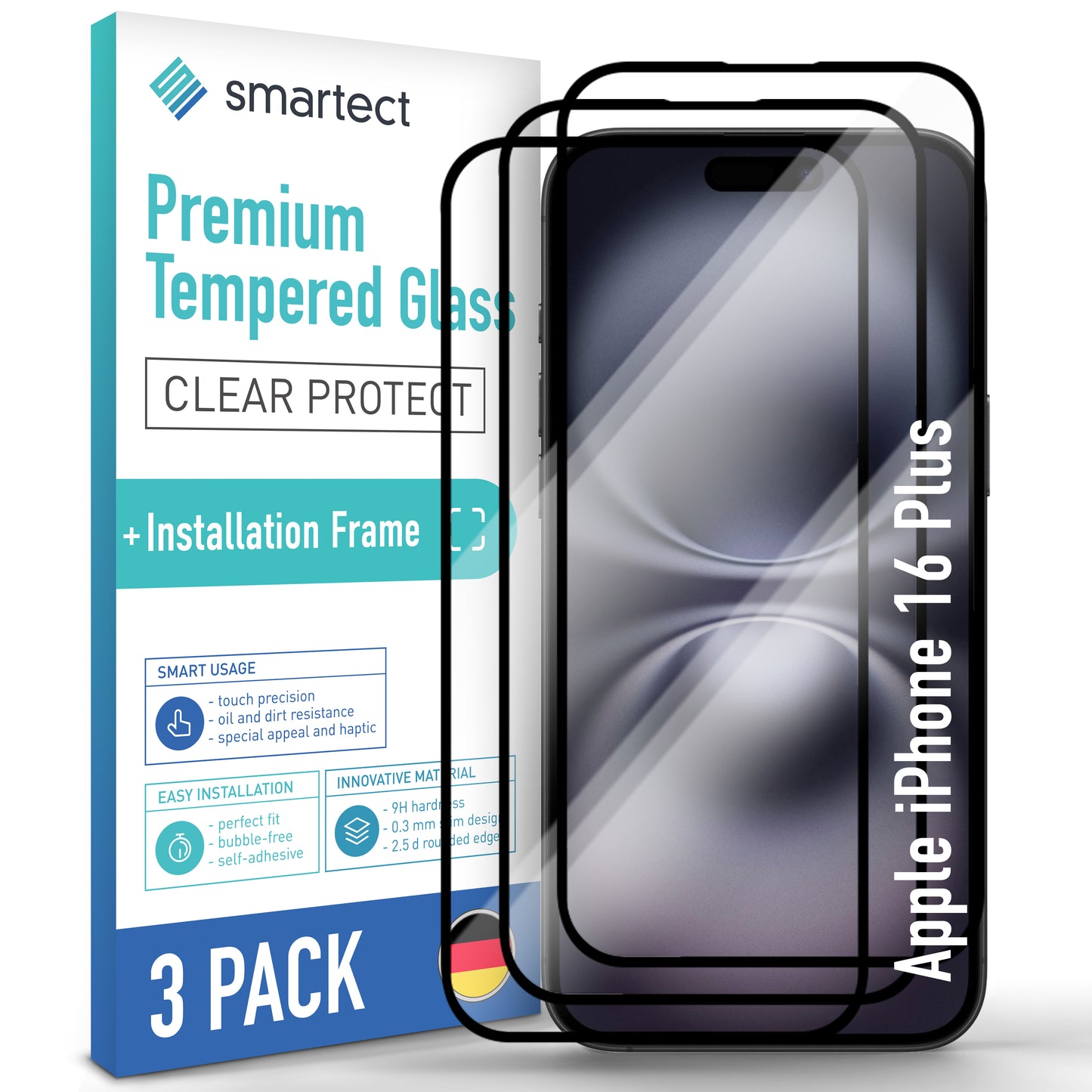 smartect protective glass full screen for iPhone 16 Plus, 2 pieces + positioning aid