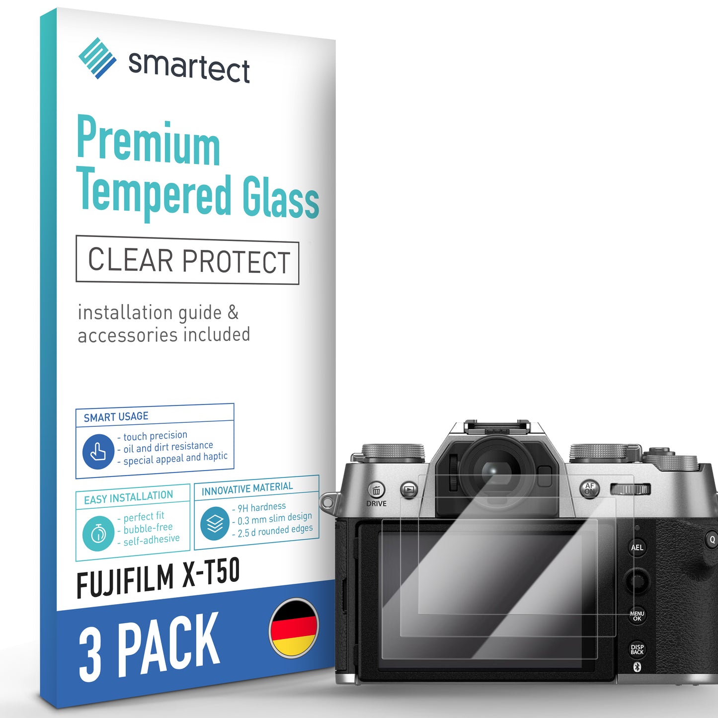 smartect Schutzglas Klar für Fujifilm X-T50, 3 Stück