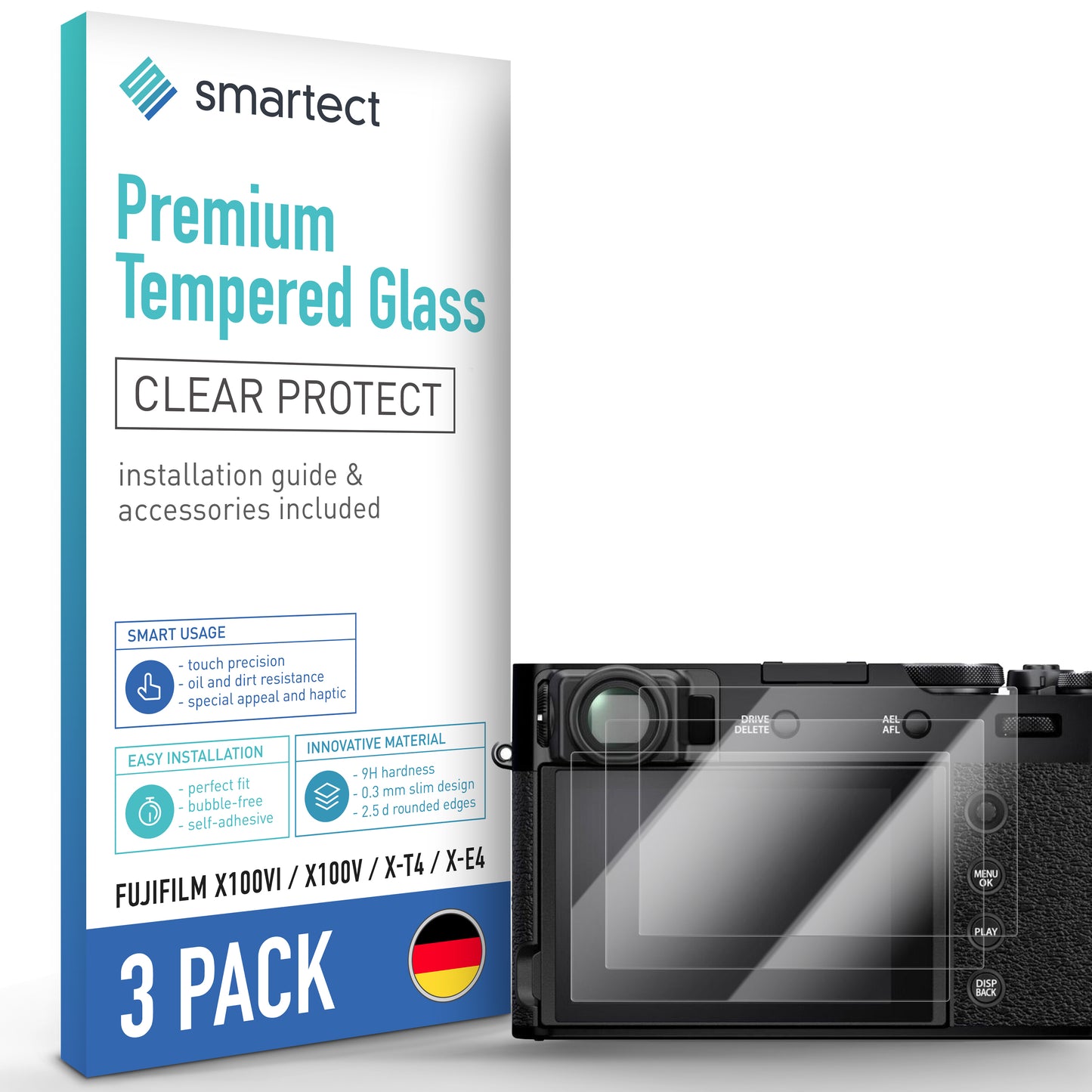 smartect Schutzglas Klar für Fujifilm X100VI / X100V / X-T4 / X-E4, 3 Stück