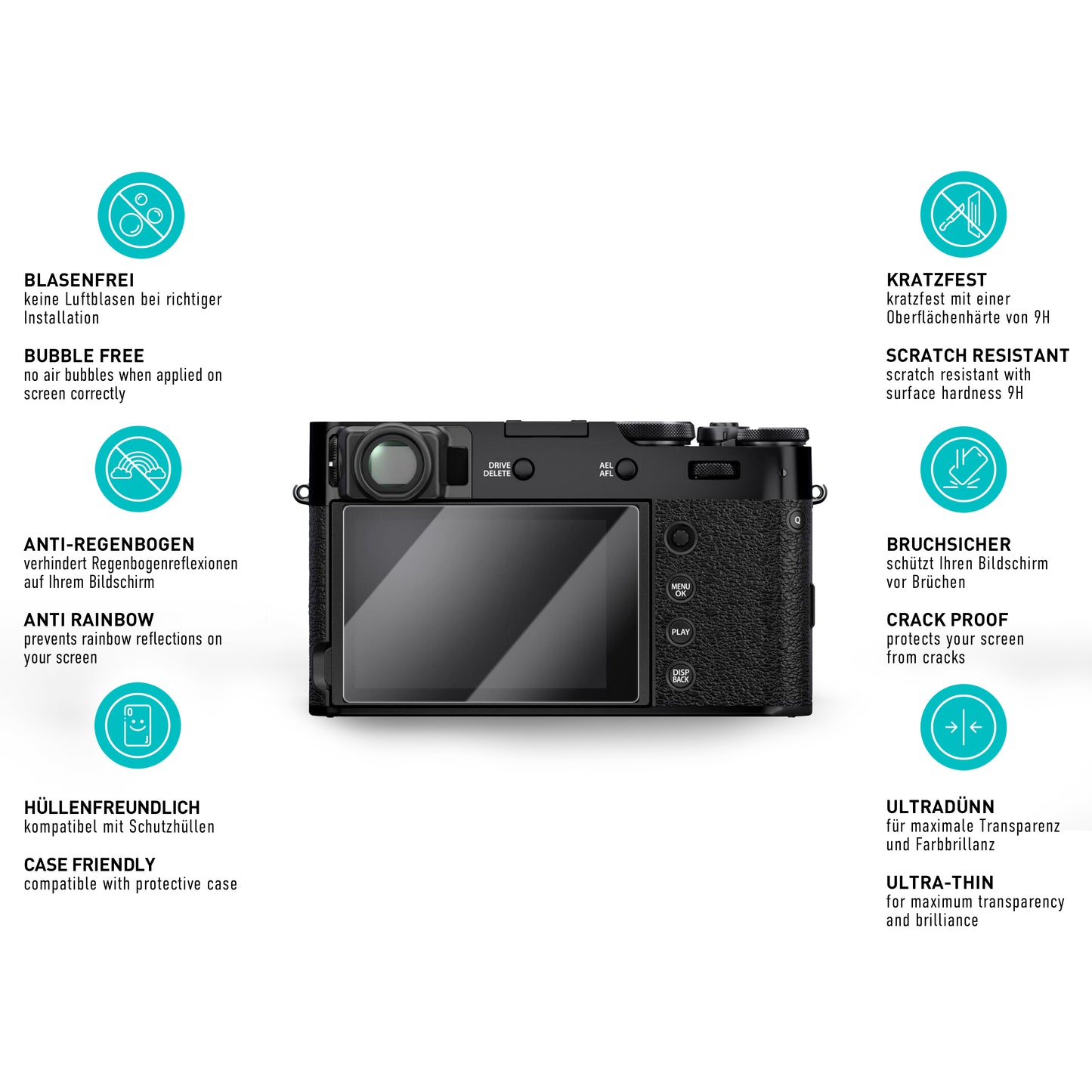 smartect Schutzglas Klar für Fujifilm X100VI / X100V / X-T4 / X-E4, 3 Stück
