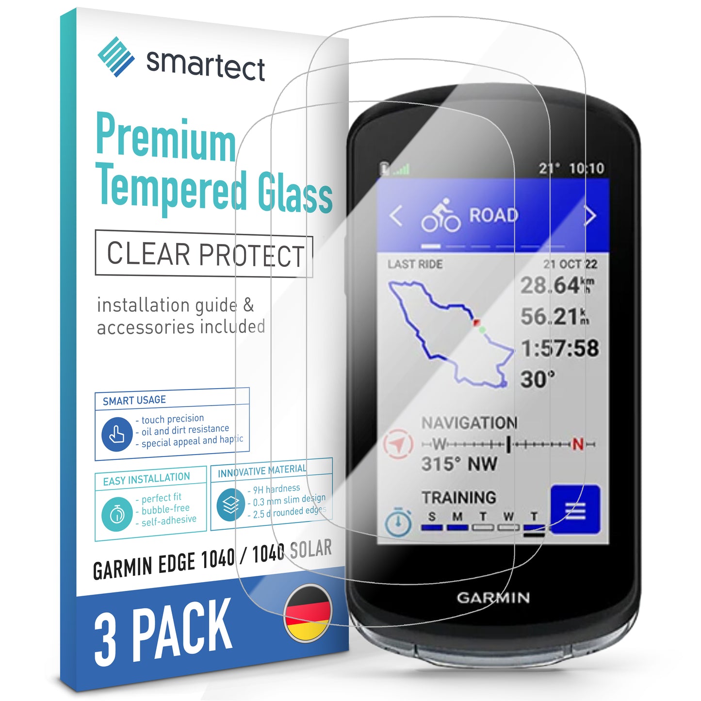 smartect Schutzglas Klar für Garmin Edge 1040 / 1040 Solar, 3 Stück