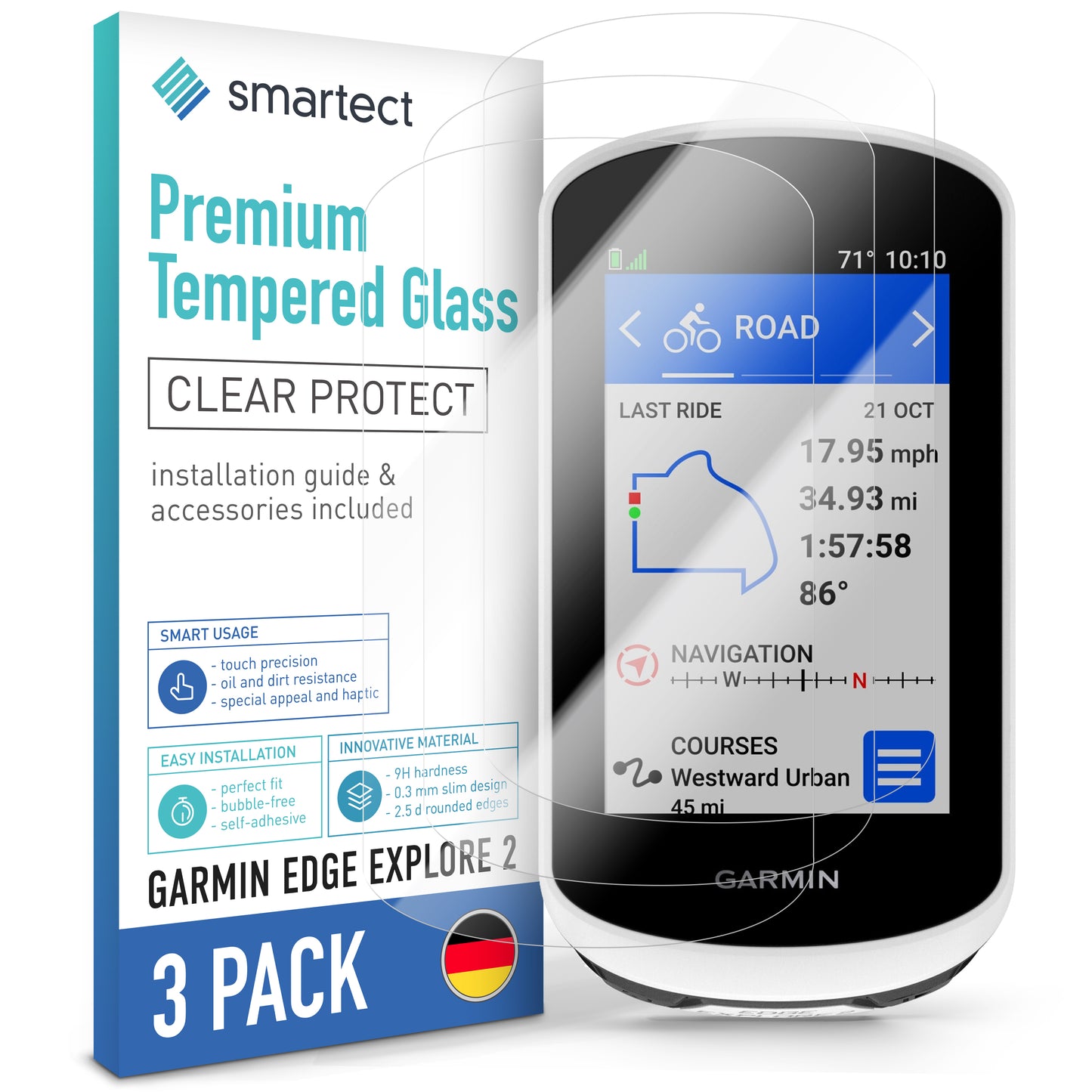 smartect Schutzglas Klar für Garmin Edge Explore 2, 3 Stück