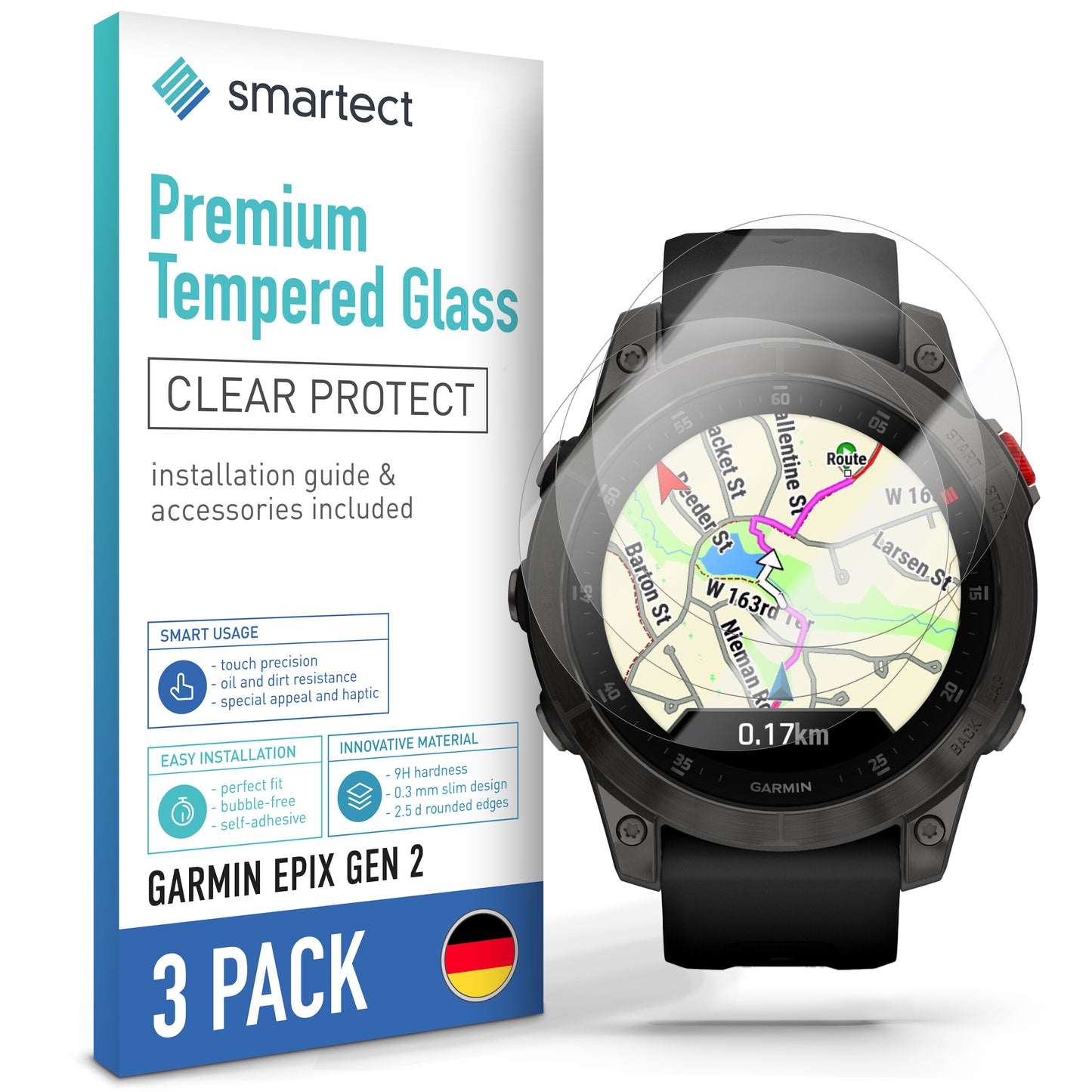smartect Schutzglas Klar für Garmin Epix Gen 2, 3 Stück