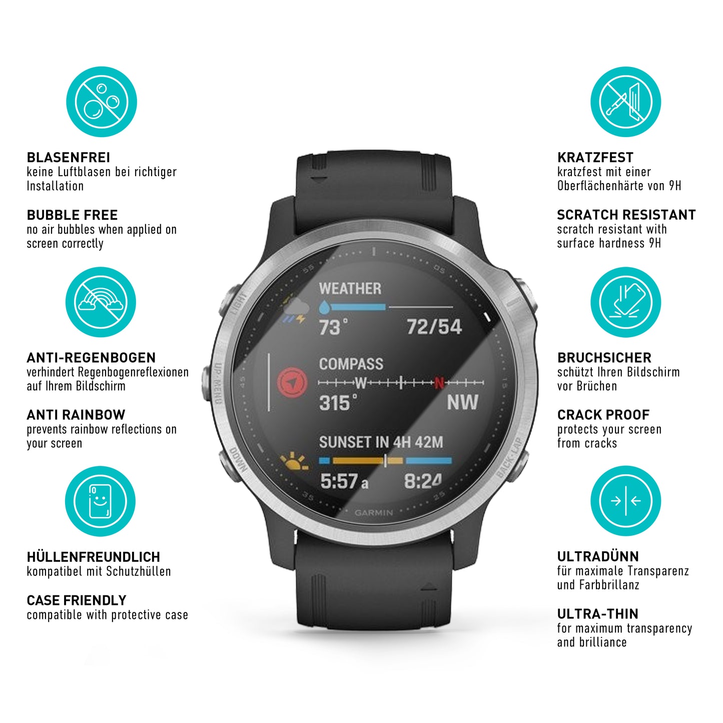 smartect Schutzglas Klar für Garmin Fenix 6S / 6S Pro / 5S, 3 Stück
