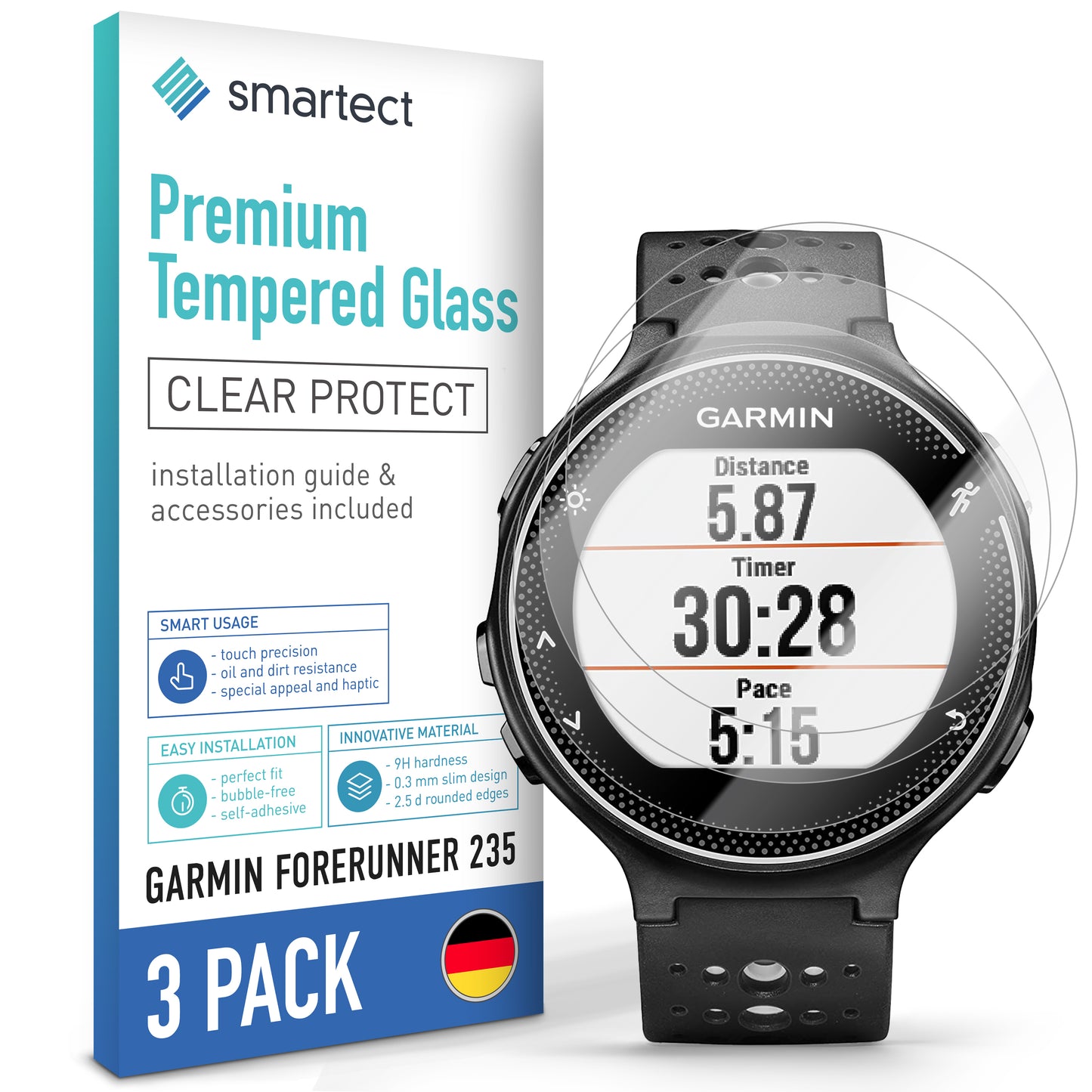 smartect Schutzglas Klar für Garmin Forerunner 235, 3 Stück