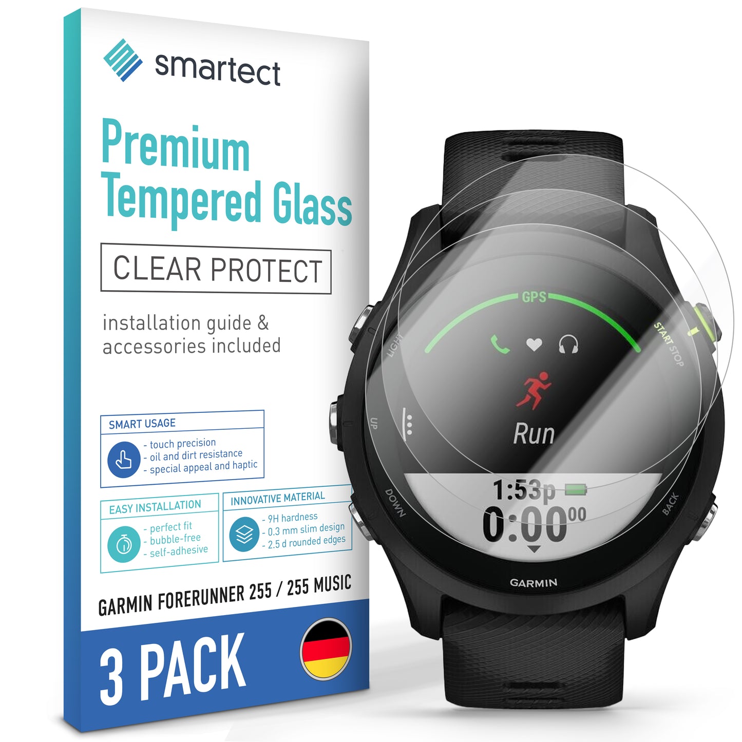 smartect Protective Glass Clear for Garmin Forerunner 255 / 255 Music, 3 pieces