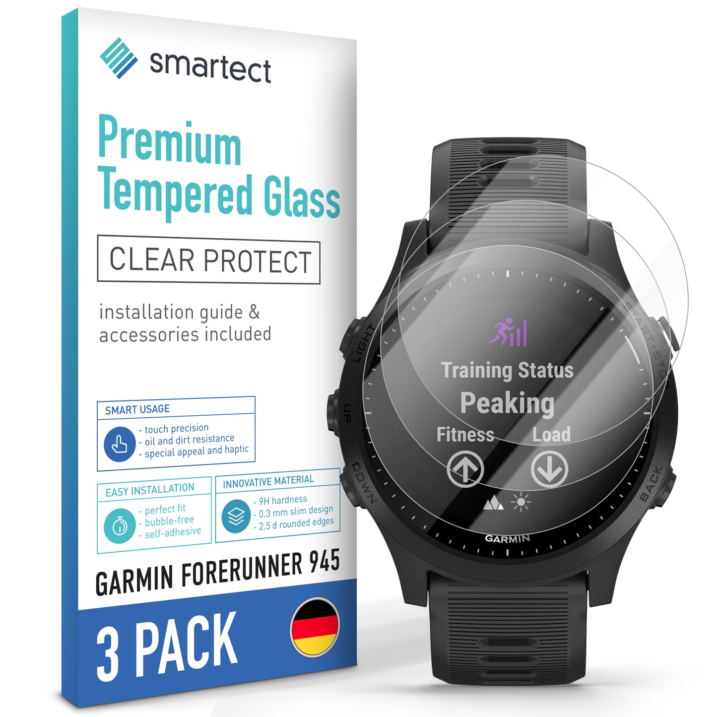 smartect Schutzglas Klar für Garmin Forerunner 945, 3 Stück