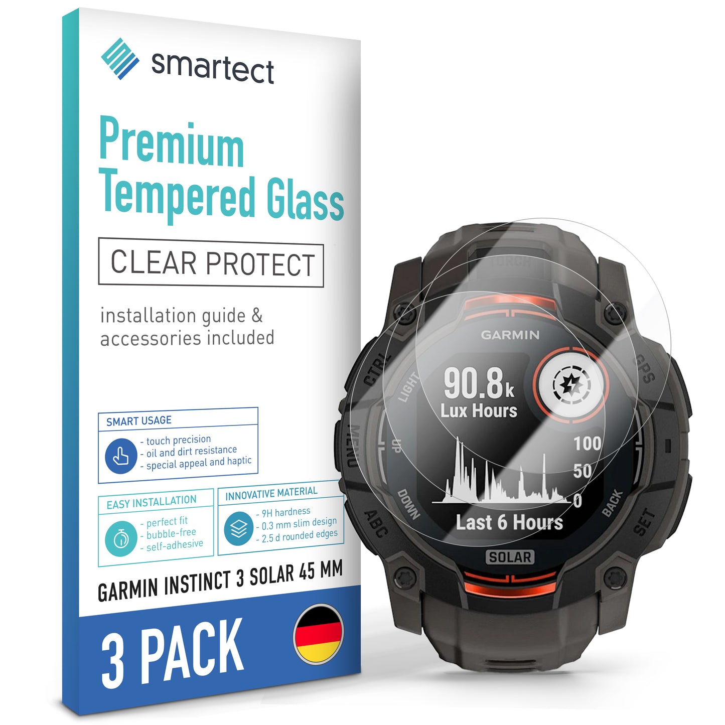 smartect Schutzglas Klar für Garmin Instinct 3 Solar 45 mm, 3 Stück