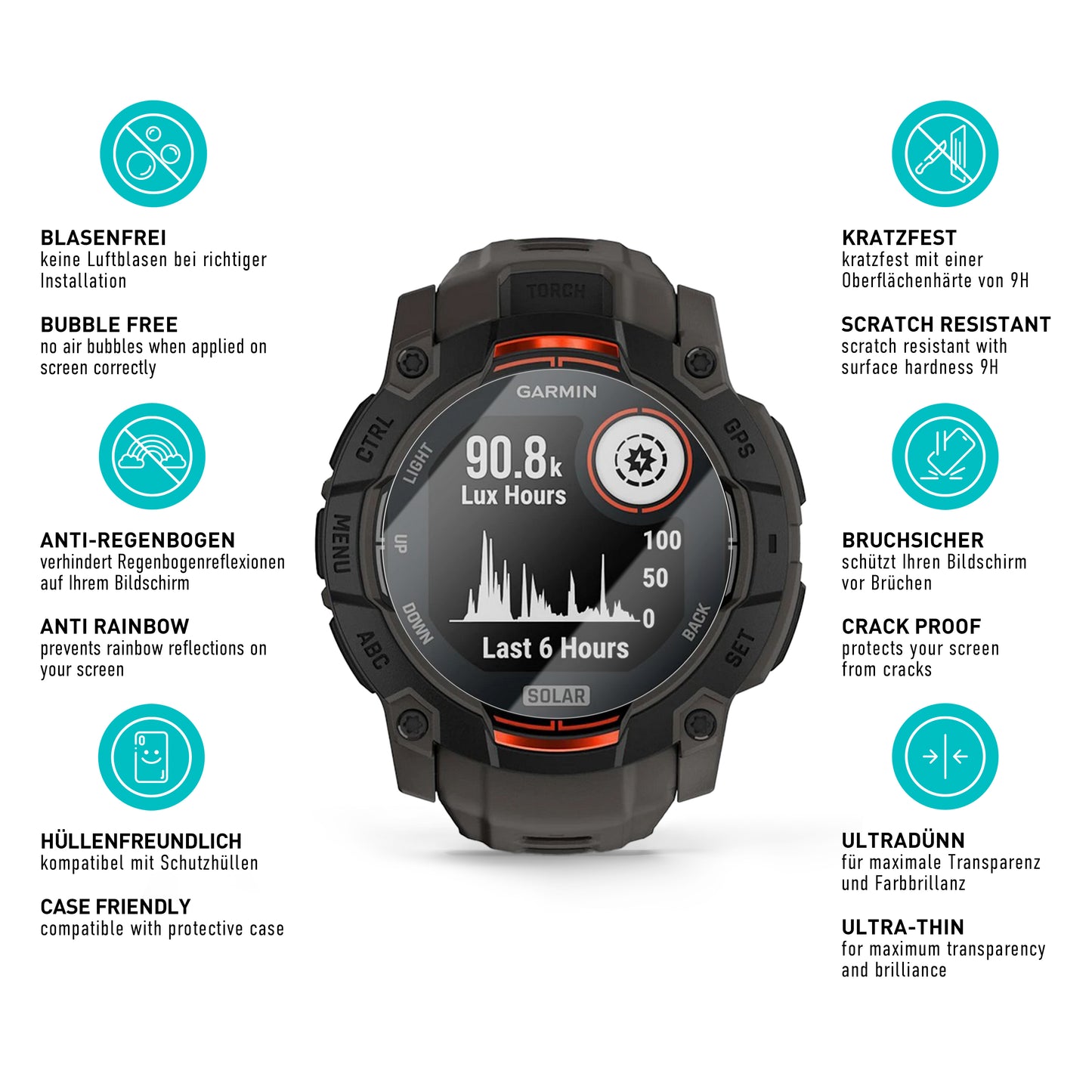 smartect Schutzglas Klar für Garmin Instinct 3 Solar 45 mm, 3 Stück