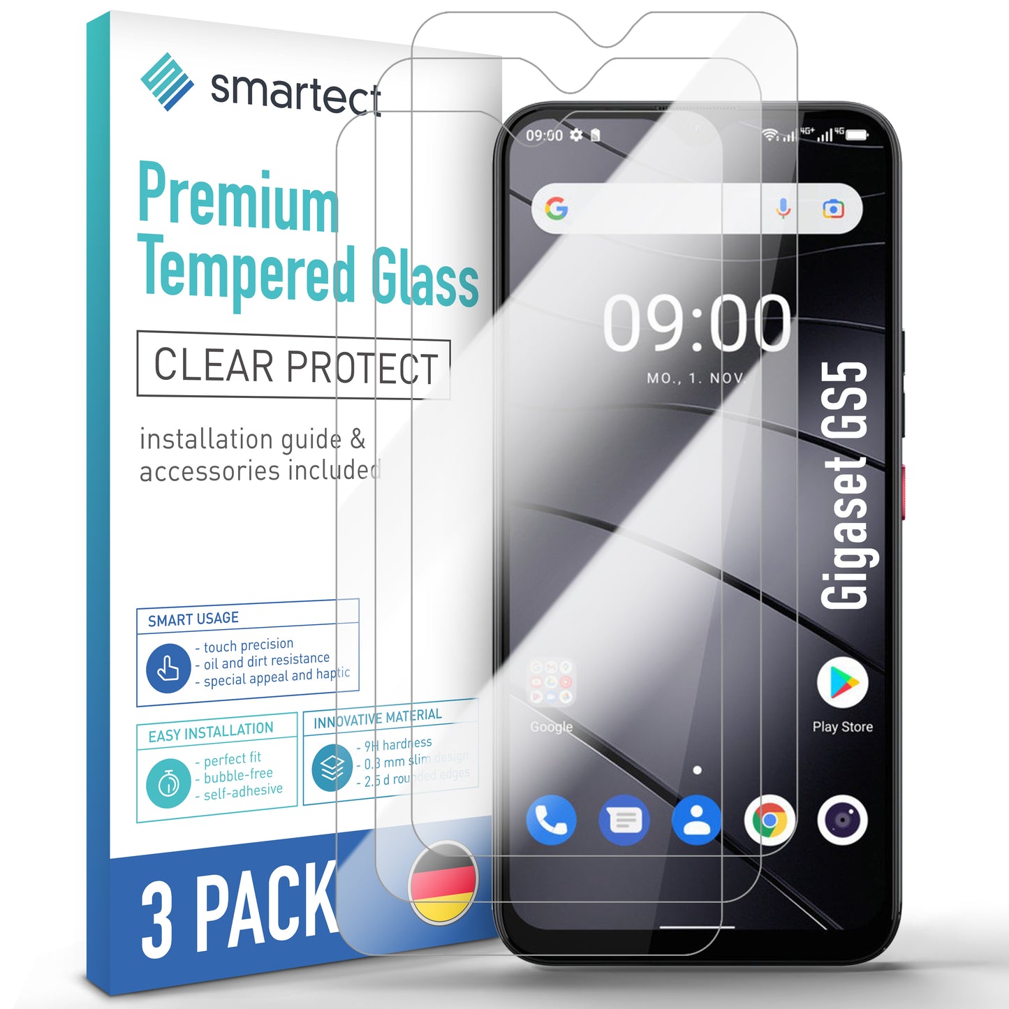 smartect Schutzglas Klar für Gigaset GS5 / GS5 Lite / GS5 Senior / GS4 / GS290, 3 Stück