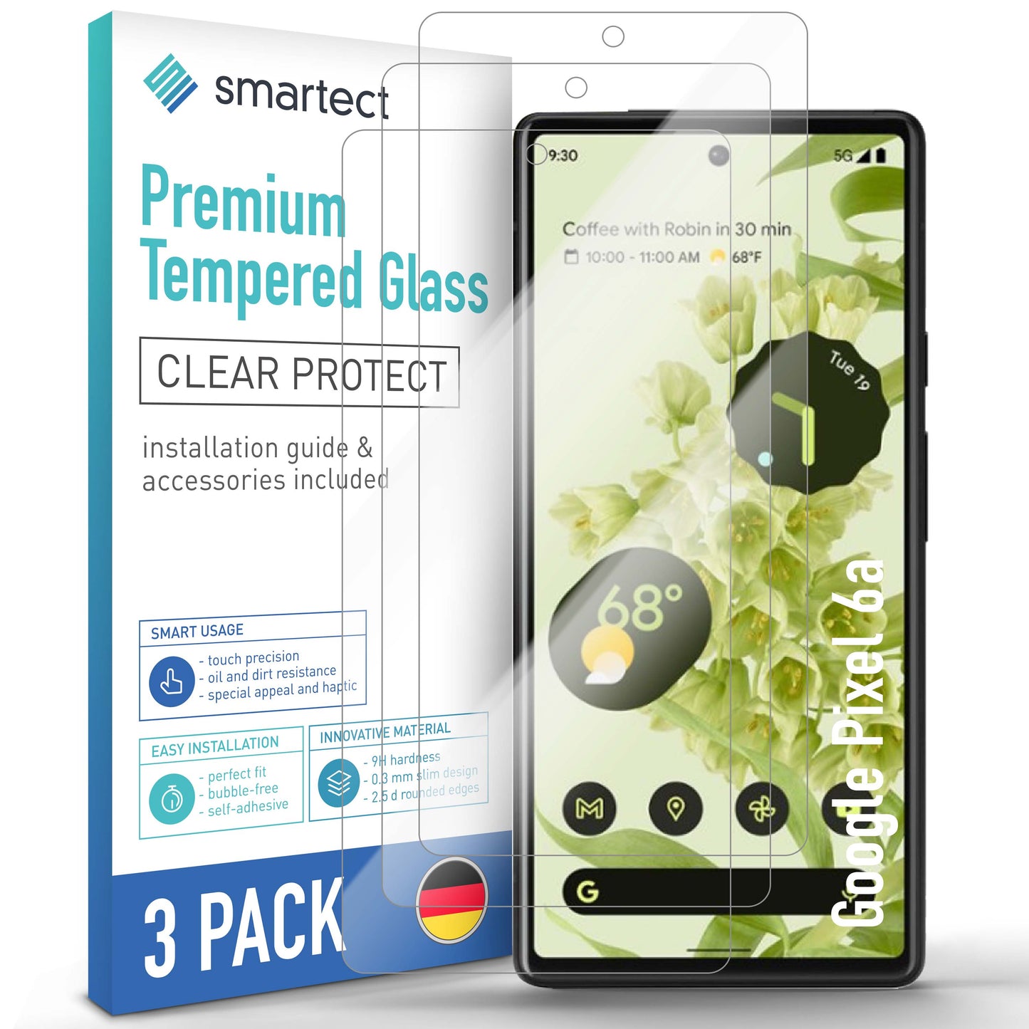 smartect Protective Glass Clear for Google Pixel 6a, 3 pieces