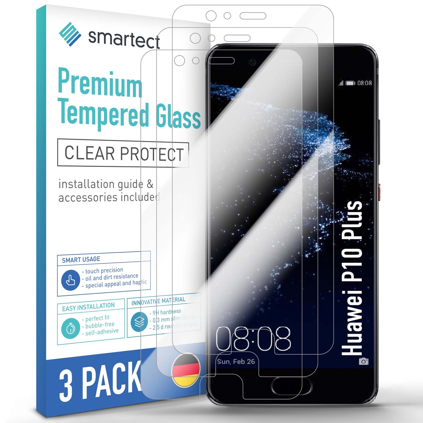 smartect Schutzglas Klar für Huawei P10 Plus, 3 Stück