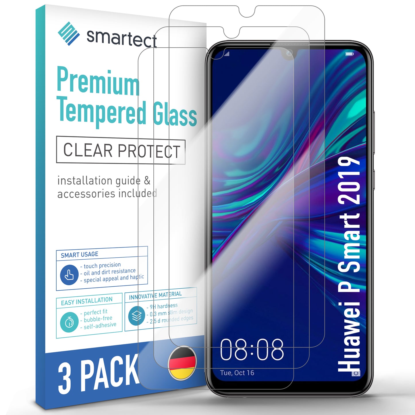 smartect Protective Glass Clear for Huawei P Smart 2019, 3 pieces