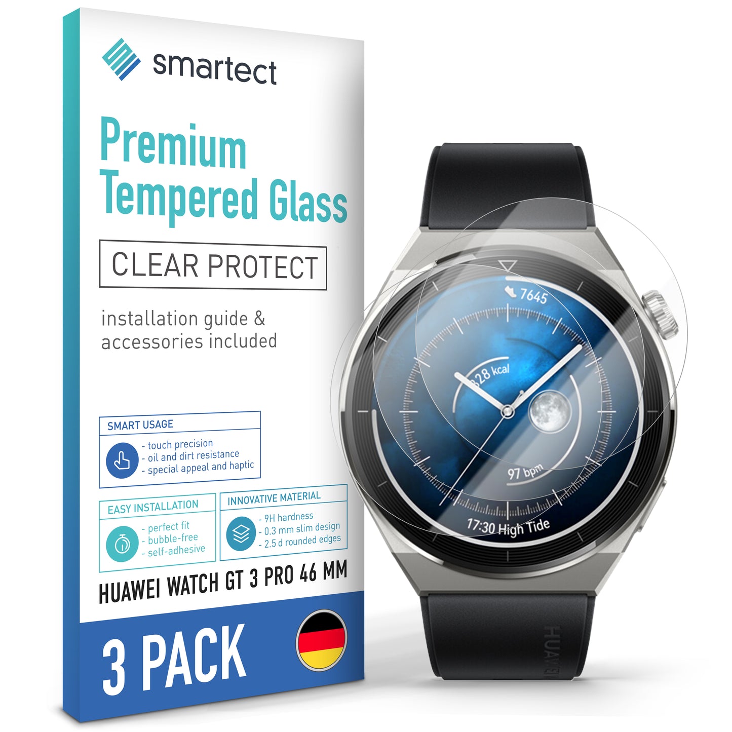 smartect Schutzglas Klar für Huawei Watch GT 3 Pro 46 mm, 3 Stück