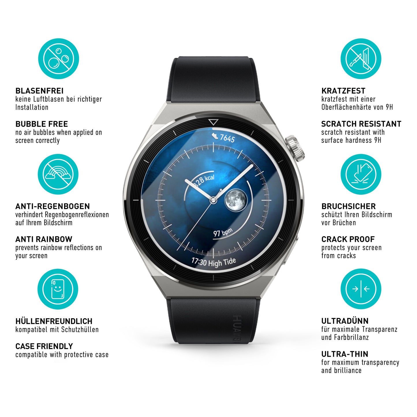 smartect Schutzglas Klar für Huawei Watch GT 3 Pro 46 mm, 3 Stück