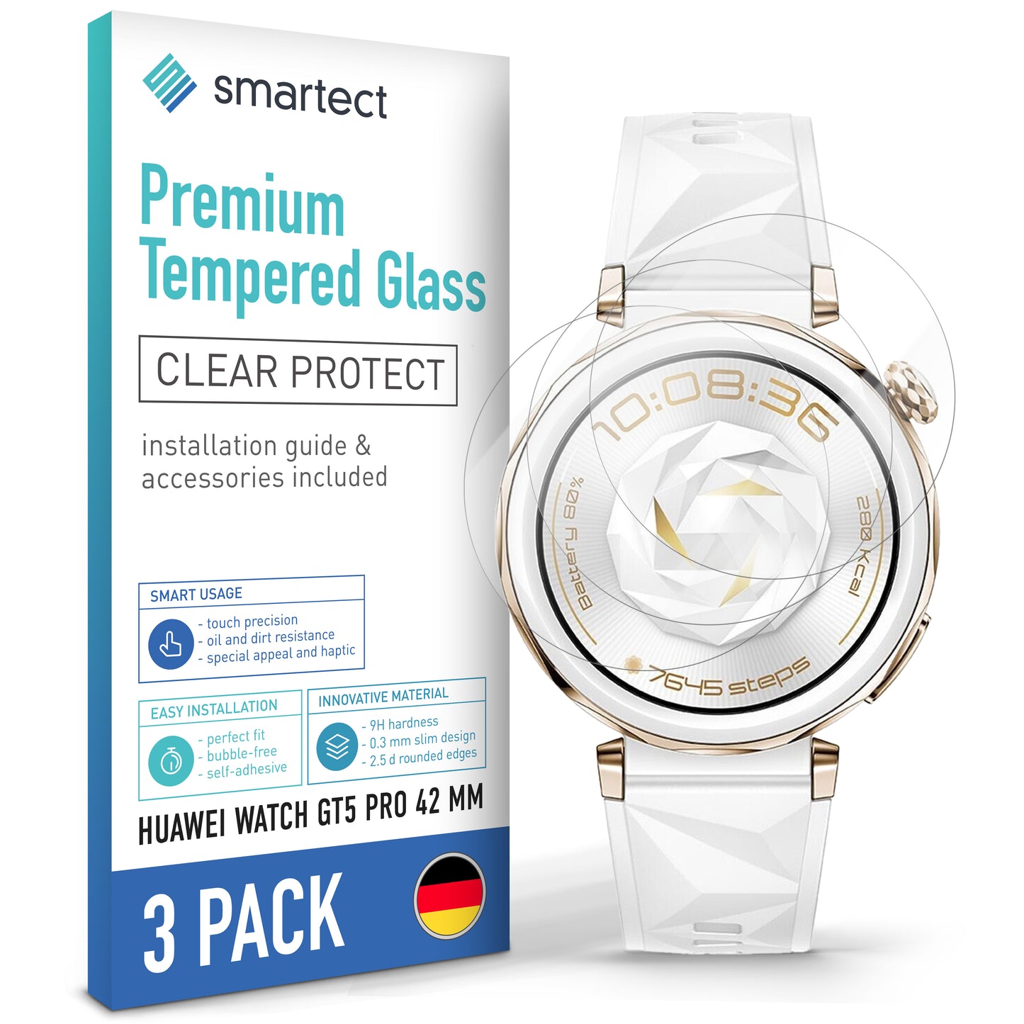 smartect Schutzglas Klar für Huawei Watch GT5 Pro 42 mm, 3 Stück
