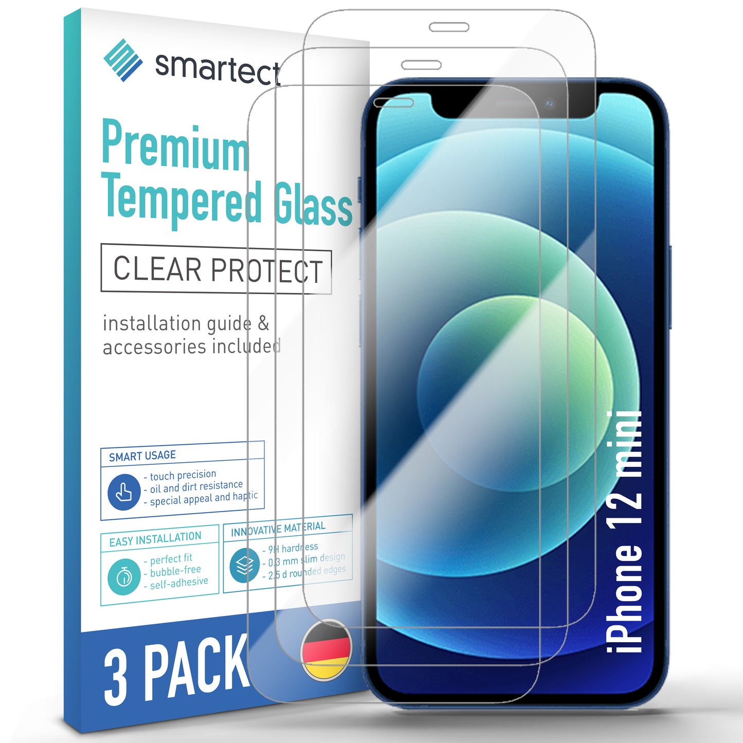 smartect protective glass clear for iPhone 12 mini, 3 pieces
