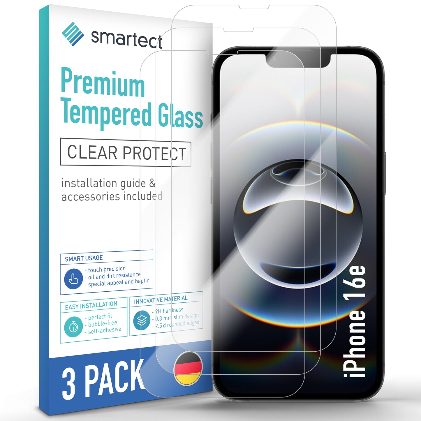smartect Schutzglas Klar für iPhone 16e, 3 Stück