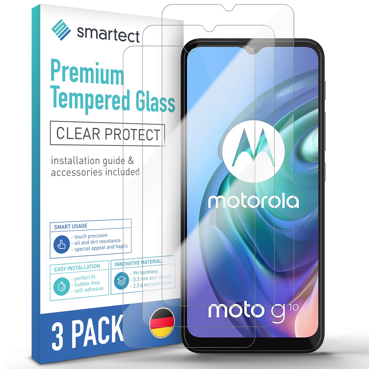 smartect Schutzglas Klar für Motorola Moto G10 / G30 / G9 Play / E7 Plus / E7 Power, 3 Stück