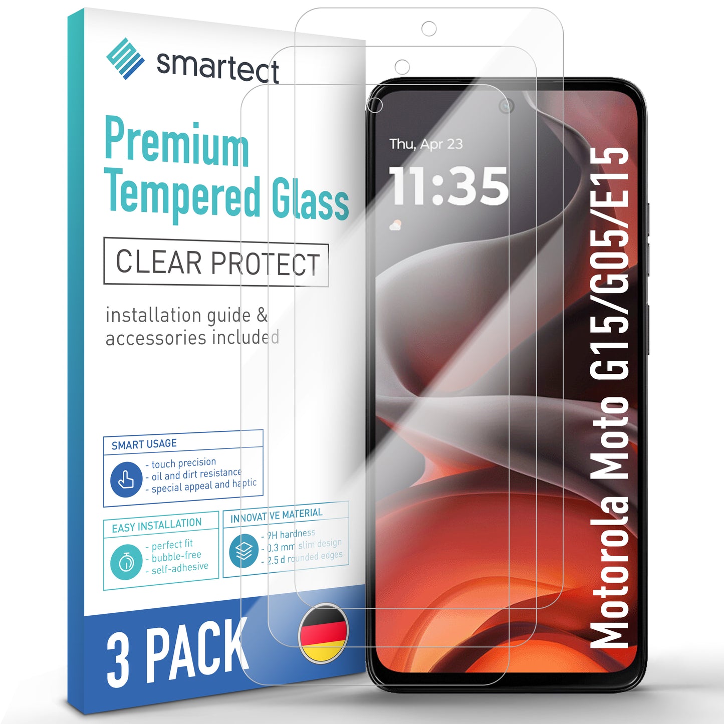smartect Schutzglas Klar für Motorola Moto G15 / G05 / E15, 3 Stück