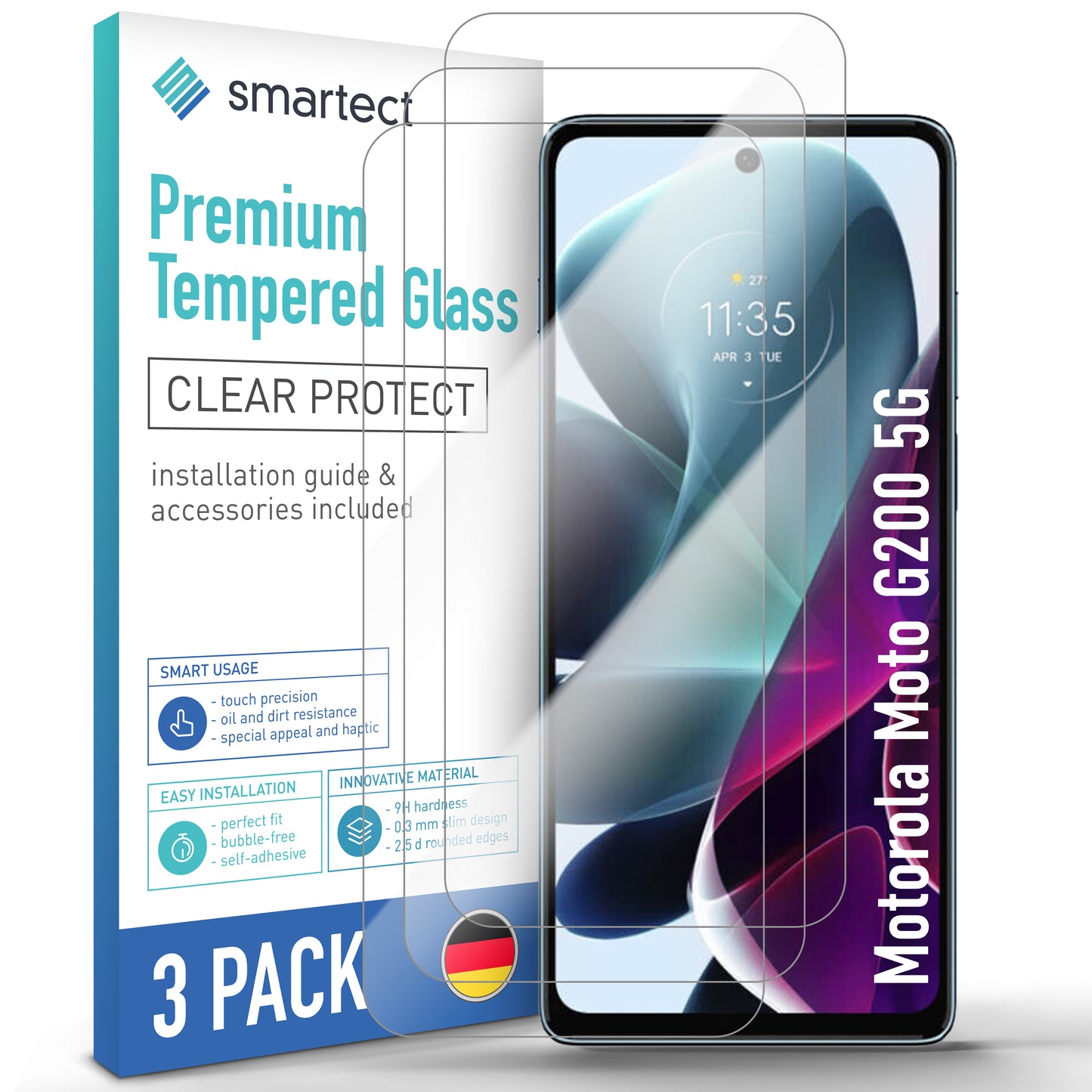 smartect Schutzglas Klar für Motorola Moto G200 5G, 3 Stück