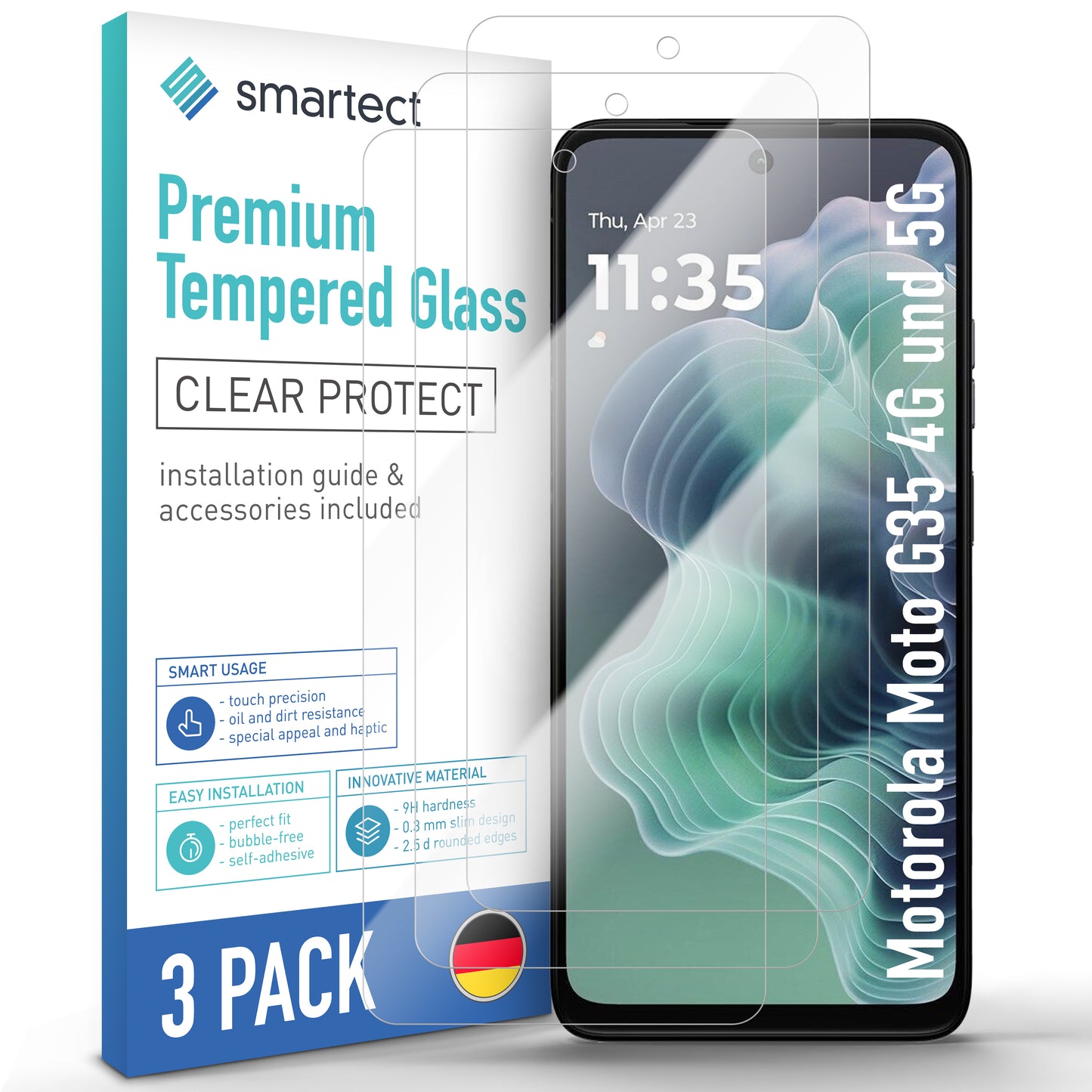 smartect Schutzglas Klar für Motorola Moto G35 4G und 5G, 3 Stück