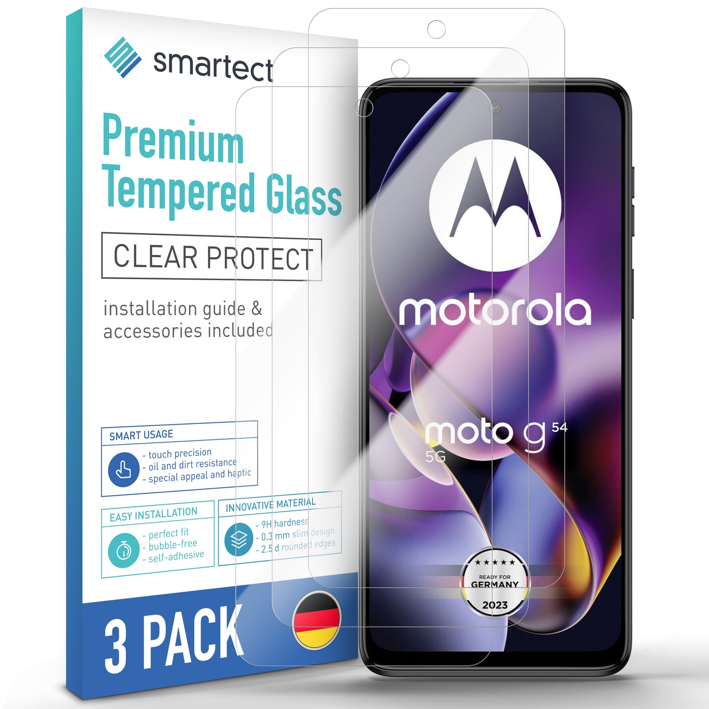 smartect Protective Glass Clear for Motorola Moto G54 5G, 3 pieces