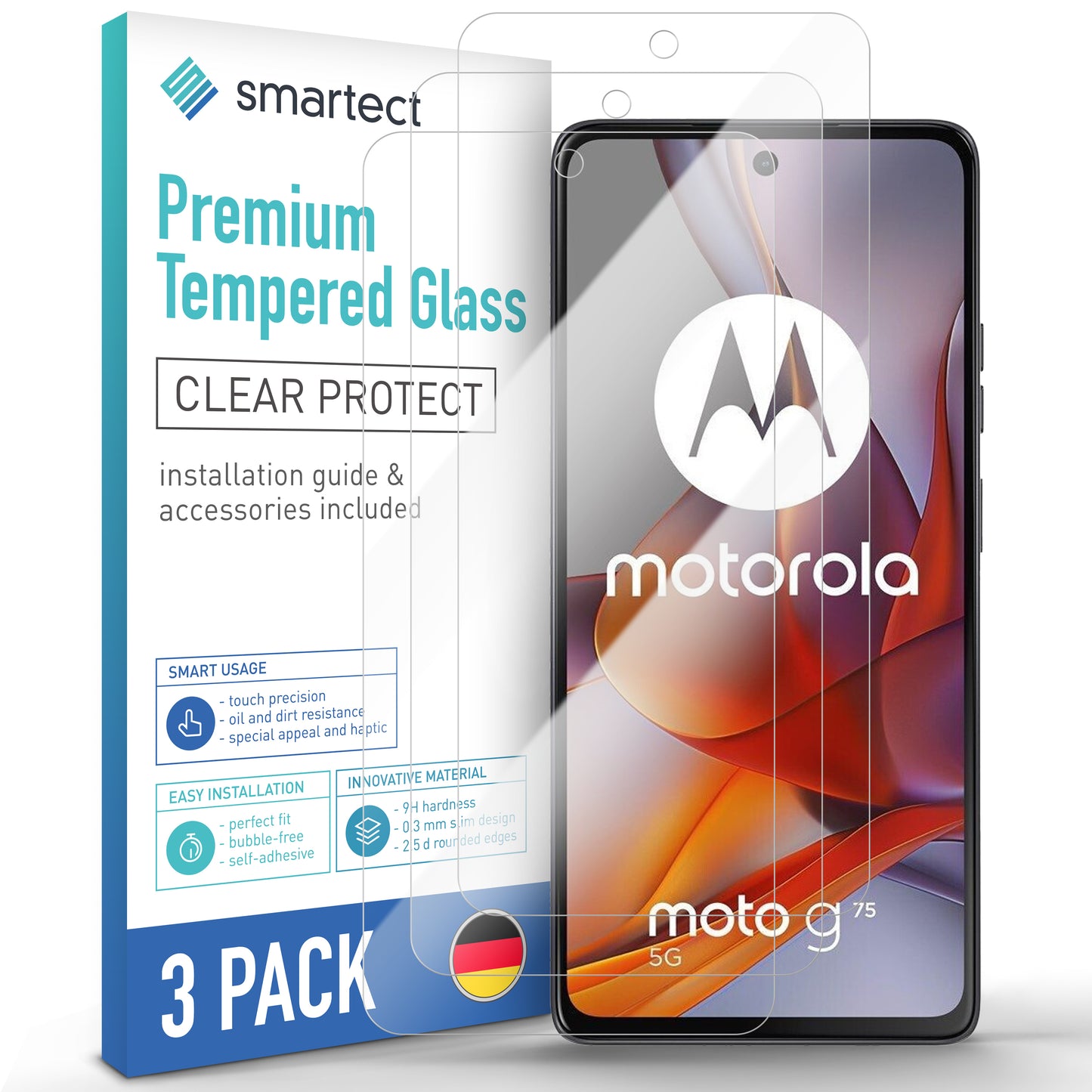 smartect Schutzglas Klar für Motorola Moto G75 5G, 3 Stück