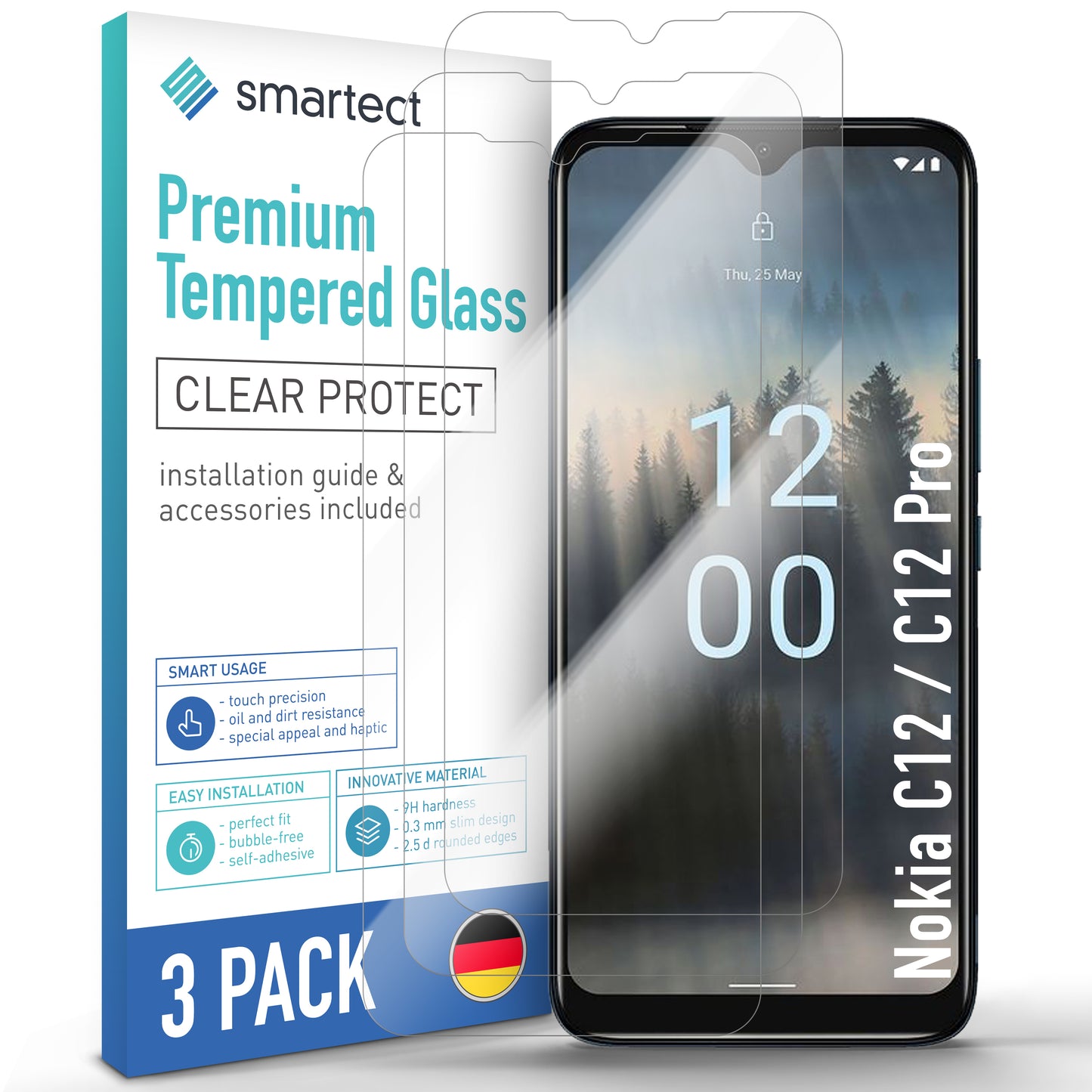 smartect Protective Glass Clear for Nokia C12 / C12 Pro, 3 pieces