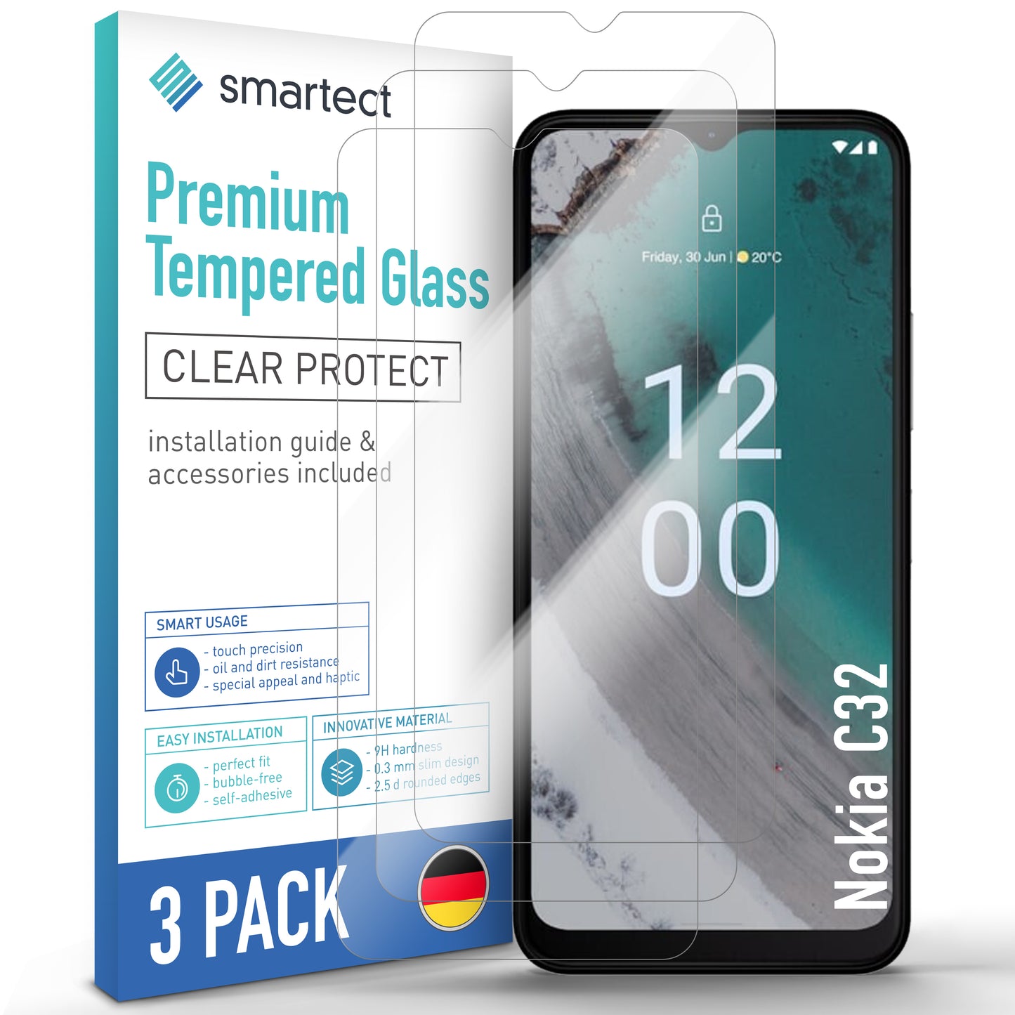 smartect protective glass clear for Nokia C32, 3 pieces