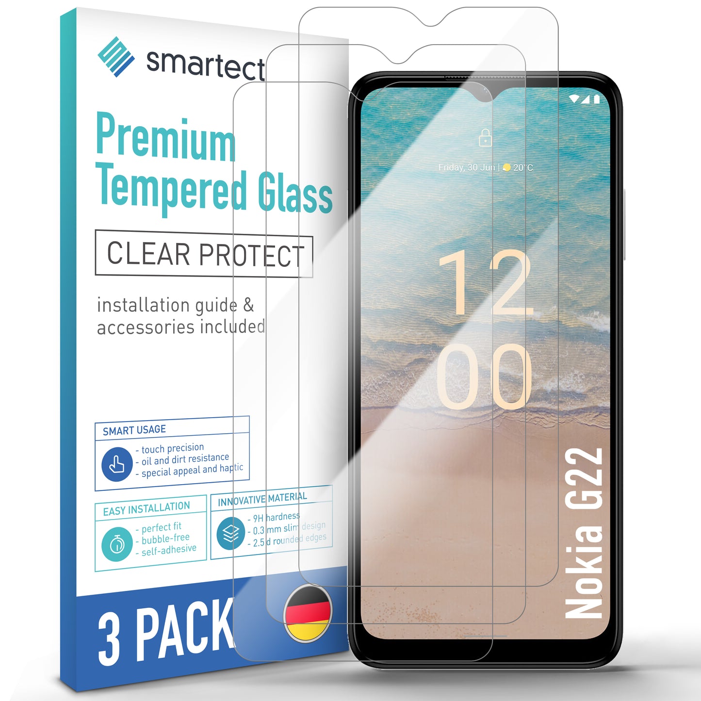 smartect Schutzglas Klar für Nokia G22, 3 Stück