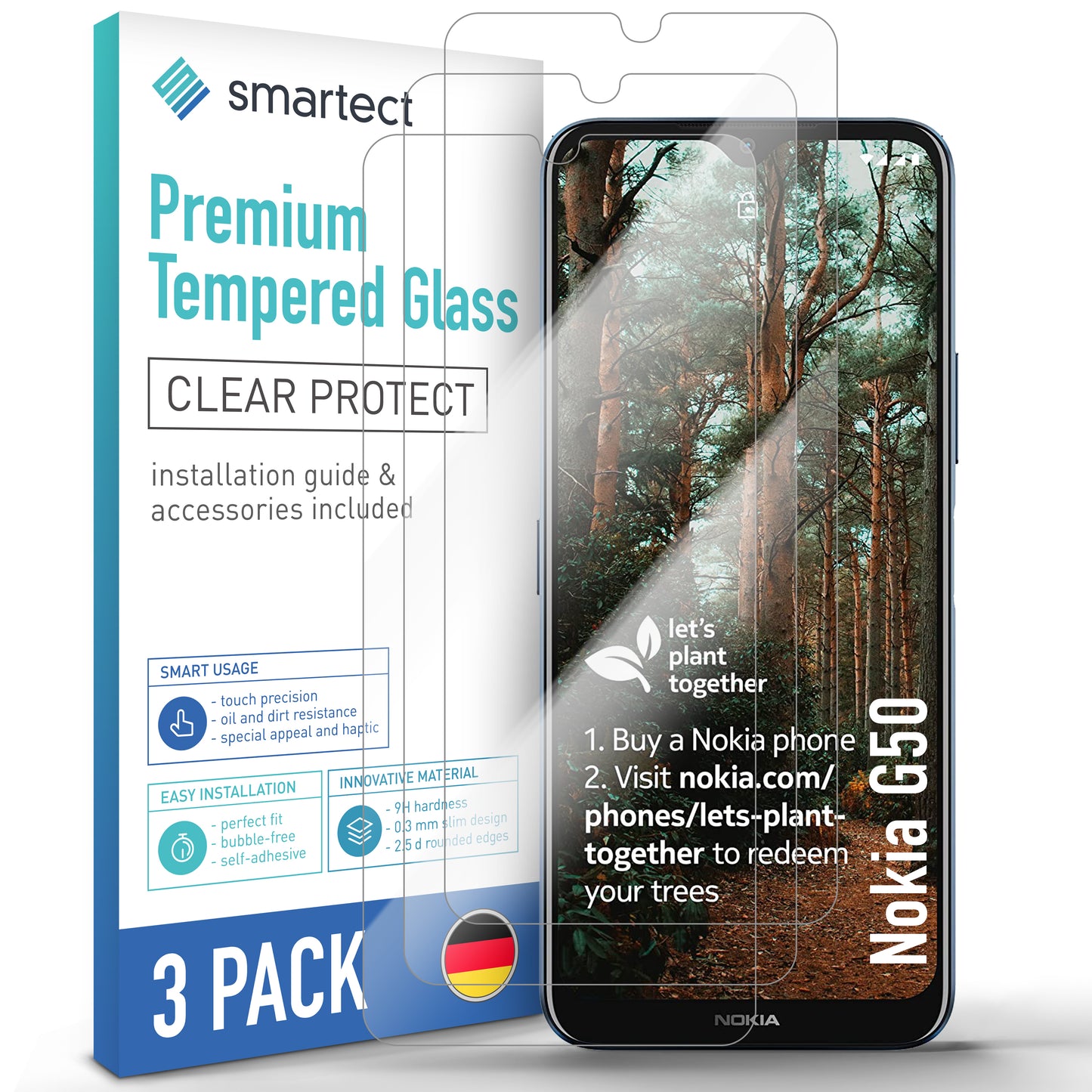 smartect Schutzglas Klar für Nokia G50, 3 Stück